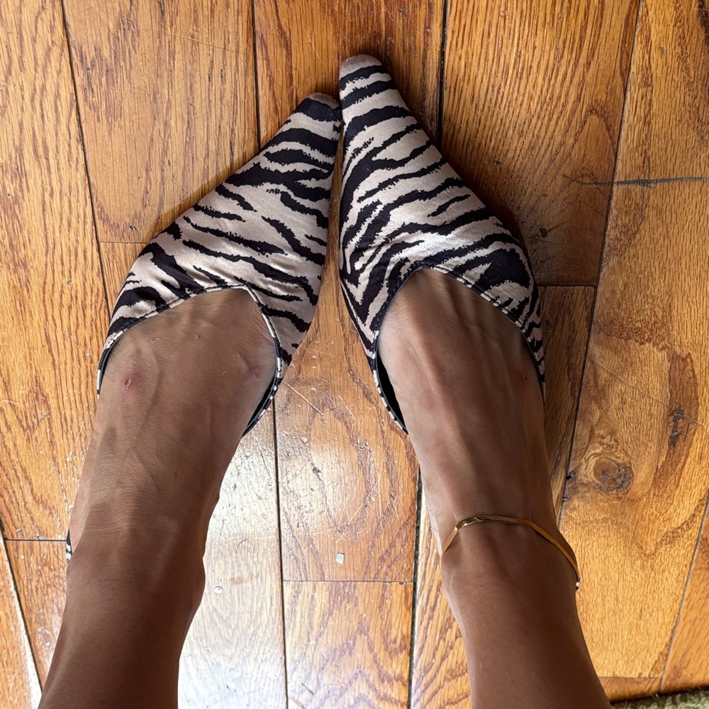 Zebra Print Satin Kitten Heel Mules  size 8